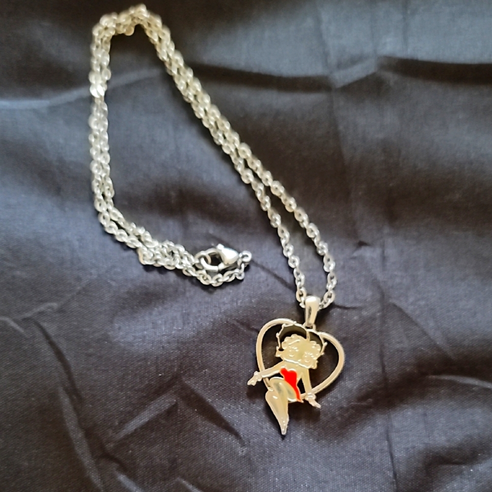 Silver Betty Boop Heart Pendant Necklace